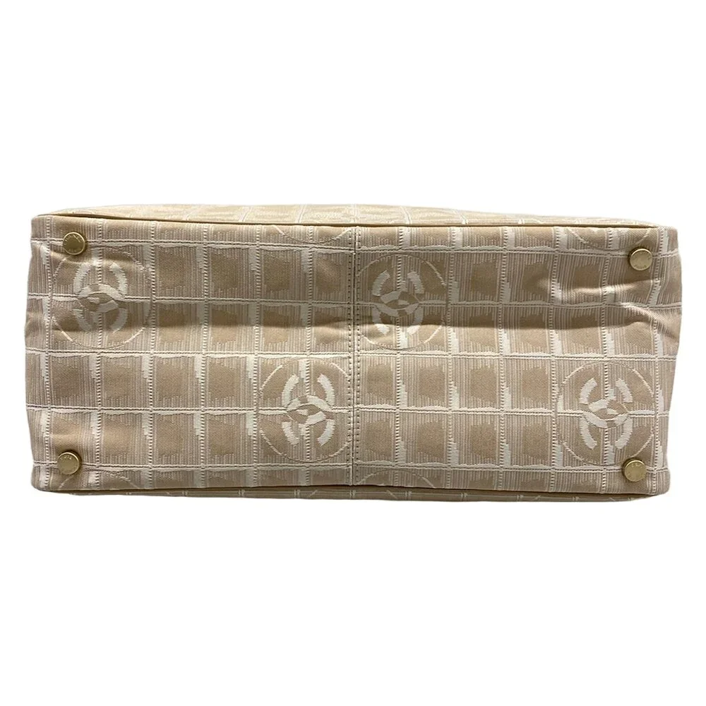 Chanel New Travel Line Tote MM Tote Bag Beige White Nylon Jacquard Leather